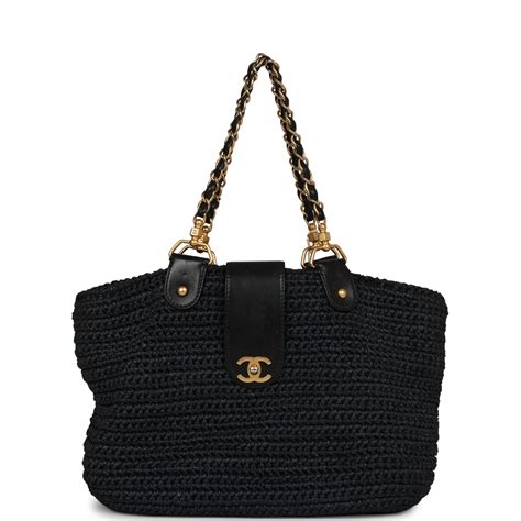 vintage chanel straw tote black raffia gold hardware|A Retro Tale .